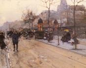 A Parisian Street Scene with Sacre Coeur in the distance - 路易吉·洛瓦